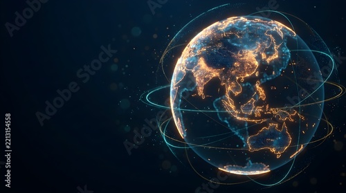A digital globe highlighting Asia with glowing orange data points against a dark, futuristic background filled with scattered light particles.