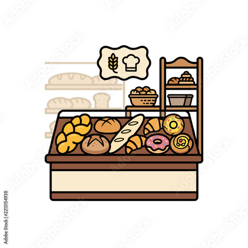 Bakery shop display counter with fresh pastries vector.
