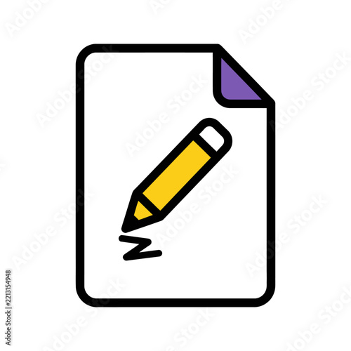 Yellow pencil writing on white paper document icon.