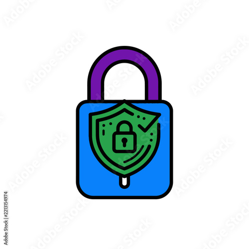 Blue padlock icon featuring a shield and lock symbol.