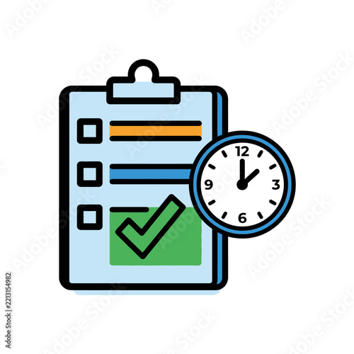 Checklist clipboard with clock and green checkmark icon.
