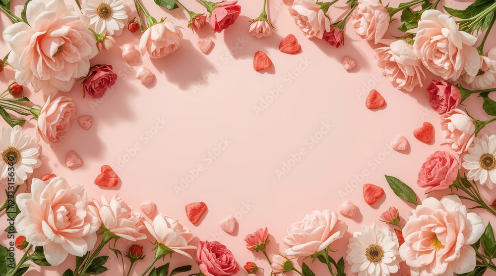 Fototapeta premium Floral border pink flower romantic background copy space