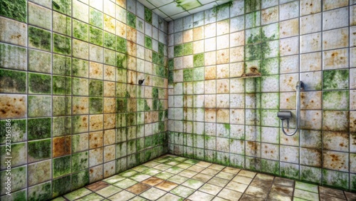 Dirty tiles in a bathroom shower with sealant covered in mould and mildew