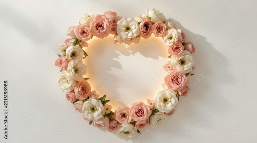 Naklejka premium Floral wreath with peach and white flowers creating soft romantic frame