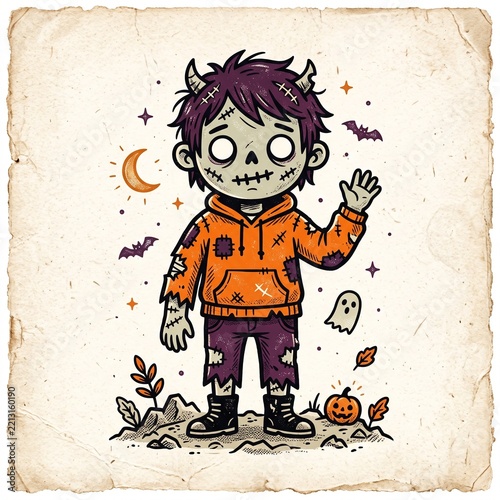 Vintage Mystic Halloween Cute Zombie Vector Clipart