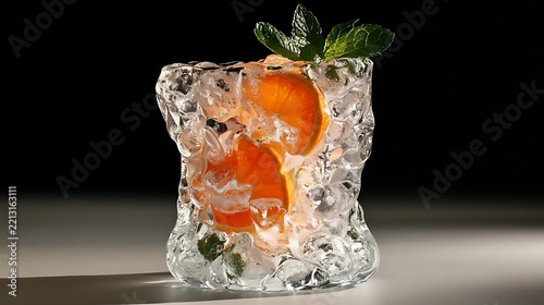 A juice glass carved from crystal ice