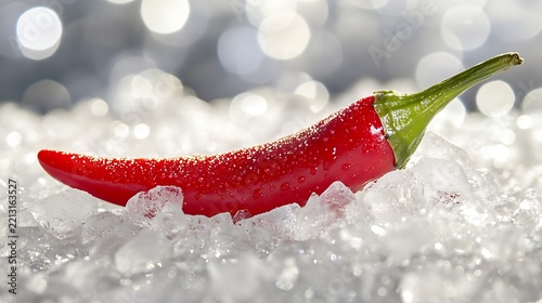 A red chili pepper resting on a bed of crushed ice