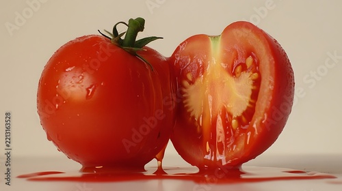 A ripe tomato split in half with juice dripping