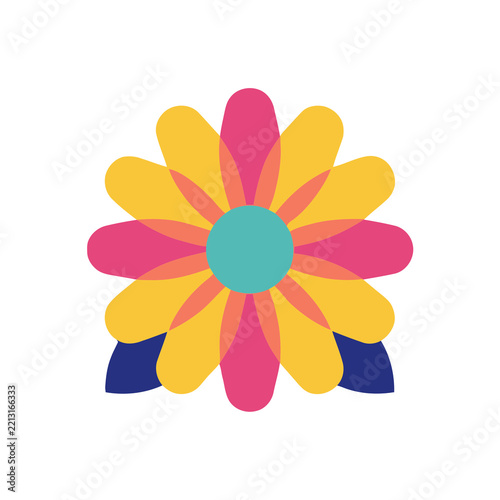 Stylized flower with colorful overlapping petals and leaves