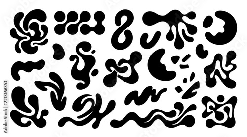 Abstract liquid blob vector graphics, black organic fluid shape silhouettes, retro y2k amoeba swirl graphic collection, modern geometric blob graphics for branding isolated on White Background