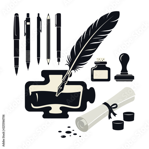 Writing tools collection featuring feather quill inkwell scroll pens and stamps
