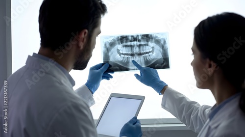 Dentists examine panoramic dental X-ray for diagnosis and treatment planning.