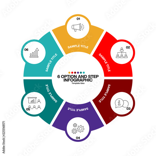 Vector circle infographics 6 options, parts, steps. Template for cycle diagram, graph, puzzle presentation and round chart. Business concept with data processes.