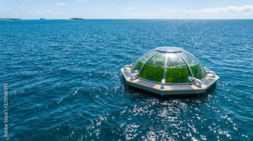 Aerial view of hexagonal clear domed aquatic pod cultivating emerald green phytoplankton to sequester carbon