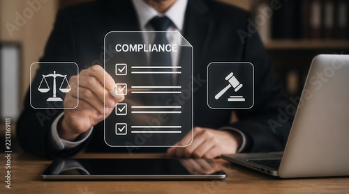 A legal professional diligently reviewing a compliance checklist document with digital law and justice icons, signifying adherence to regulations and corporate governance standards on a wooden