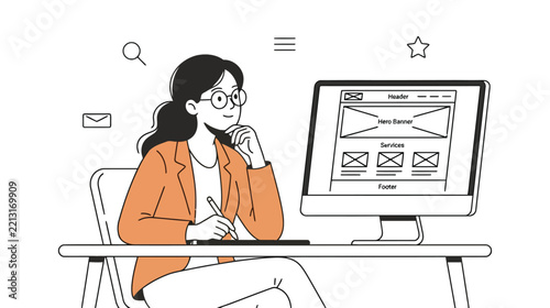 Creative Woman Designer Developing Website UI UX Wireframe Interface Layout on Desktop Computer