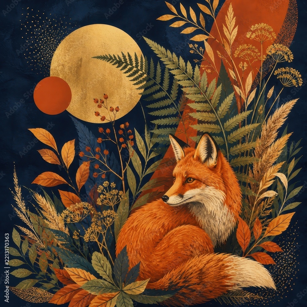 Fototapeta premium Autumn fox illustration beneath golden moon amid forest foliage