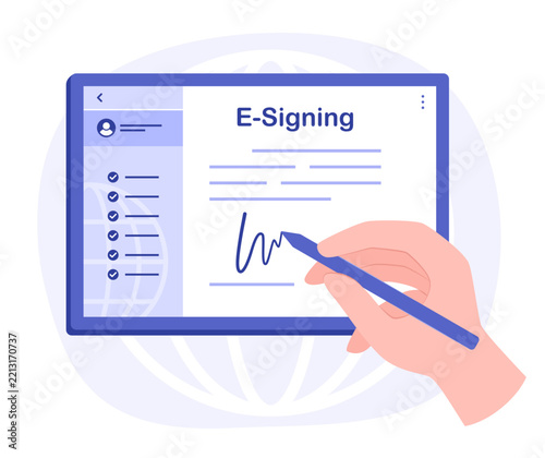 Human Hand Signing a Signature on a Digital Tablet for Electronic Contract Document Concept Illustration Clip Art