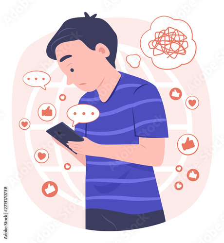 Boy Kid Watching Social Media Content and Chatting on Smartphone for Social Media Addiction and FOMO Concept Illustration
