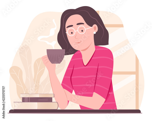 Young Woman Drinking Coffee and Sitting in Cozy Coffee Shop Cafe for Relaxing Lifestyle Concept Illustration Clip Art