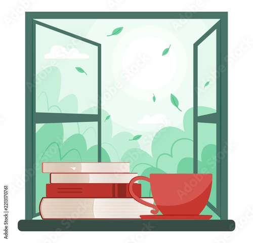 A Cup of Hot Coffee Drinks and Stack of Books Placed by the Glass Window Frame that Opens onto the Garden Concept Illustration Clip Art