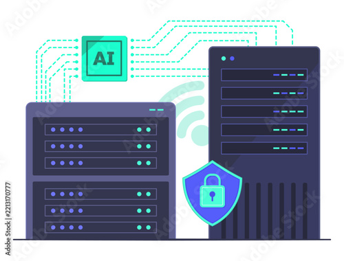 Central Server Syncing Data to Storage Server for Backup and Encryption Purposes via Wireless Connection Technology Concept Illustration Clip Art