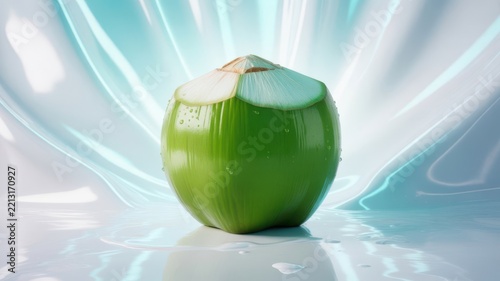 Fresh green coconut with cut on a shiny light blue wavy background