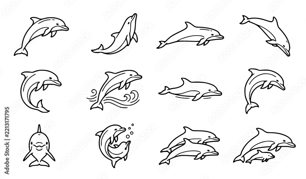Obraz premium Dolphin Sea Animal Line Art Illustration Vector Collection