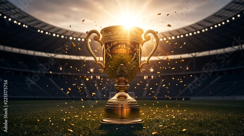 Golden championship trophy cup standing on a stadium grass field under a bright glowing sunset with celebrating confetti