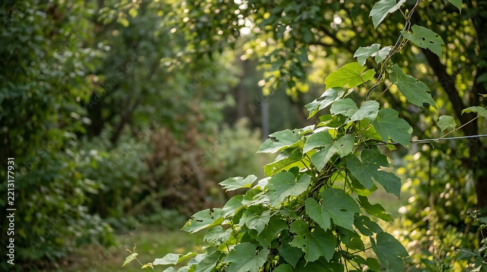 Obraz premium Lush green garden foliage with soft sunlight filtering through the trees in a peaceful summer backyard setting