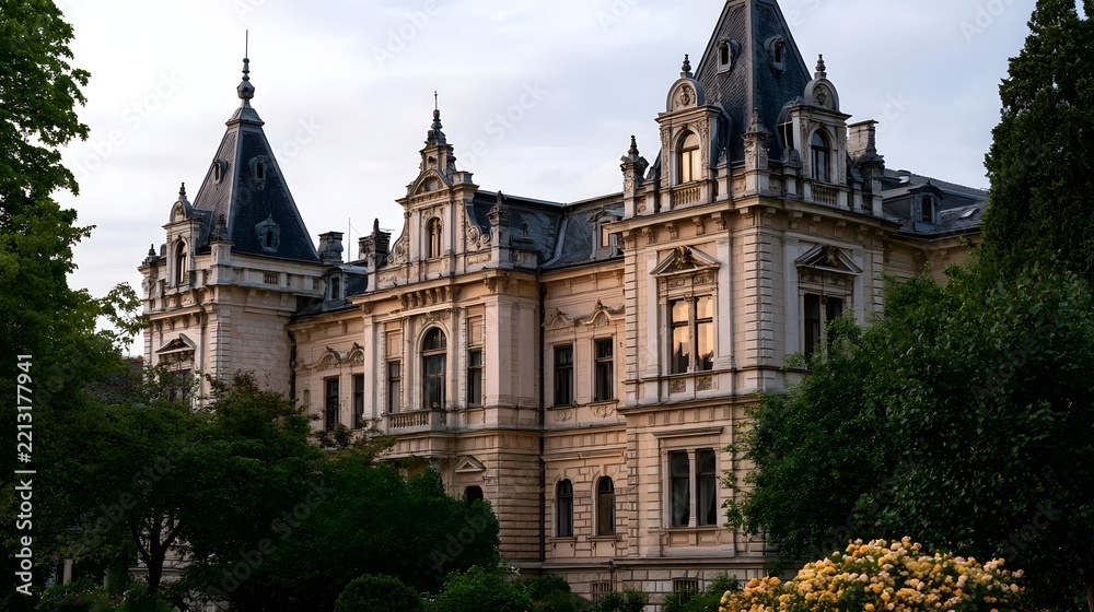 Fototapeta premium Grand ornate European mansion with steep gabled roofs and intricate stonework surrounded by lush greenery and flowering bushes under soft daylight