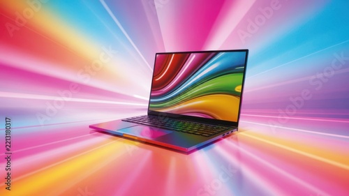 Laptop computer with colorful abstract swirl screen and radiant background