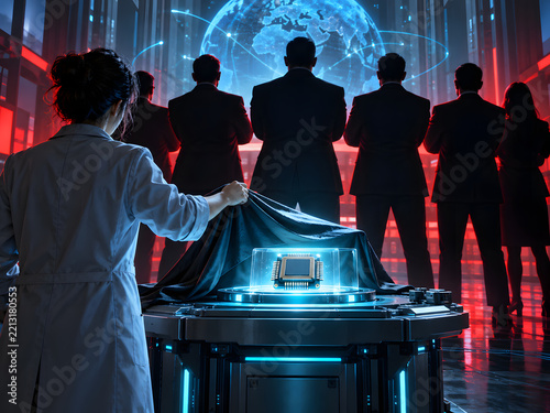 Scientist Revealing Advanced Microchip Before Corporate Executives and Global Digital Network