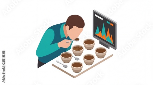 Coffe botlle vektor coffee taster assessing brew with data monitor