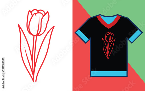 Red tulip flower line displayed on a black v-neck t-shirt with blue and red trim print layout