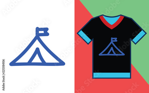 Simple tent shown separately and printed on a black v-neck t-shirt with blue and red trim detailings