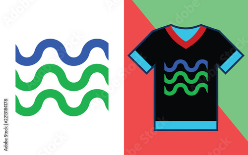 T-shirt featuring a stacked blue and green wavy line pattern on a black v-neck shirt with red and blue trim