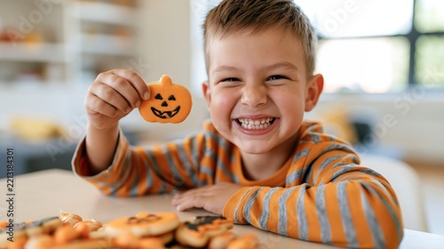 Happy little boy holding a pumpkin shaped halloween cookie