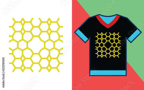 Yellow hexagonal honeycomb pattern displayed on a black v-neck t-shirt with blue and red trim print