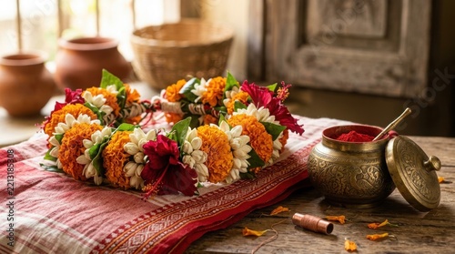 Diwali marigold flower garland with traditional brass kumkum pot on