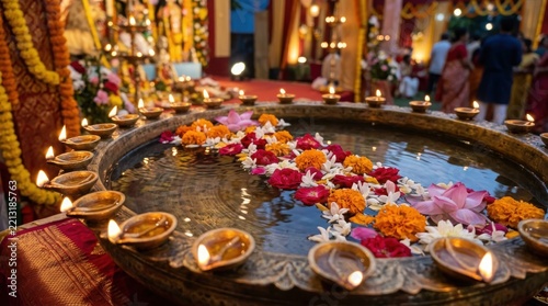 Diwali festival oil lamps and flower petals floating in a brass bowl