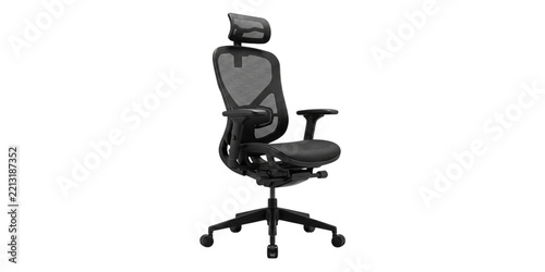 Black ergonomic mesh office chair with headrest and wheels