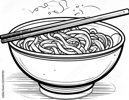 Black and white coloring book page vector illustration of a bowl of rice with chopsticks