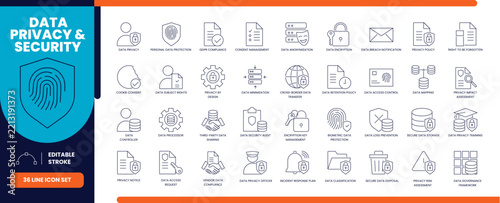 Data privacy and security line icon set