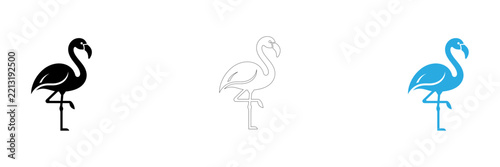 Three stylized flamingos in different colors standing side by side