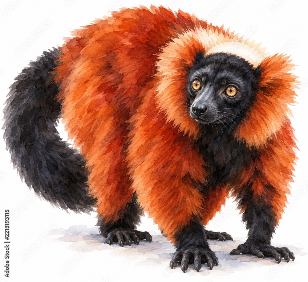 Fototapeta premium Red ruffed lemur with black face and pale neck ruff in expressive watercolor isolated on a clean white background