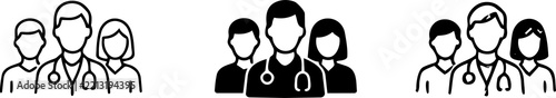 Three medical professional teamwork icons depicting doctors and staff