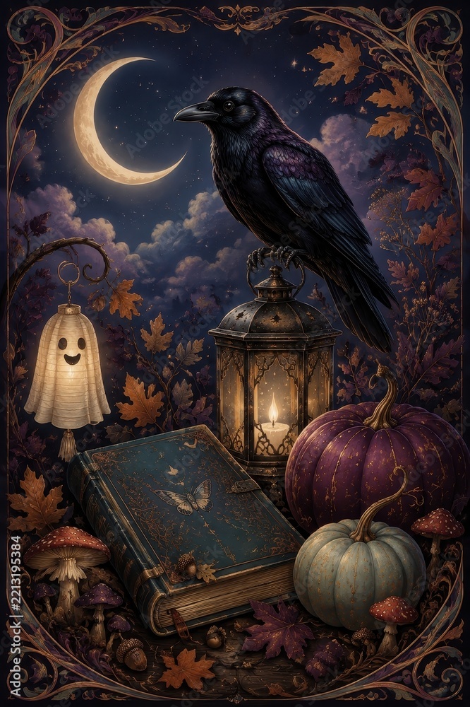 Fototapeta premium Gothic autumn still life with raven, moon, lantern, pumpkins