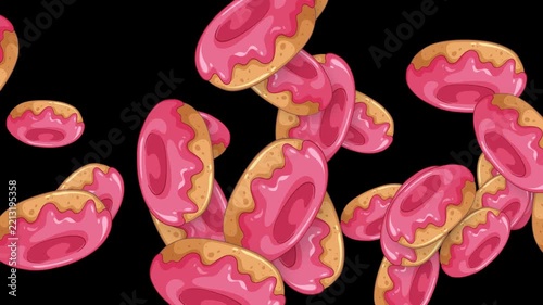 Animated Pink Glazed Donuts Falling and Bursting on Black Background