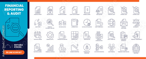 Financial reporting and audit line icon set with report, chart and magnifier icons